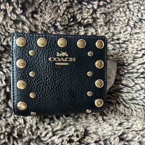 Coach Snap Wallet Black Leather with Gold Rivets